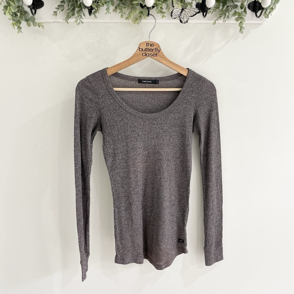 Obey N89 Gray Fitted Round Neck Ribbed Long Sleeve Shirt Size S